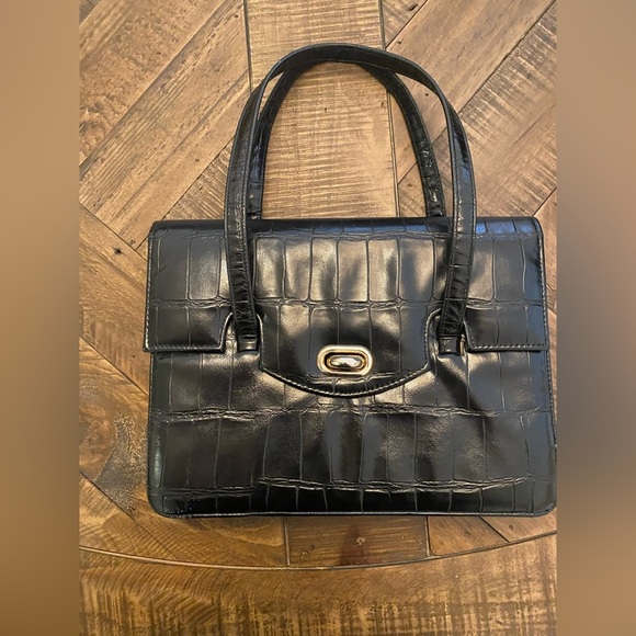 Vintage 1950s Lennox “Croc” Black Leather Handbag - Picture 3 of 11